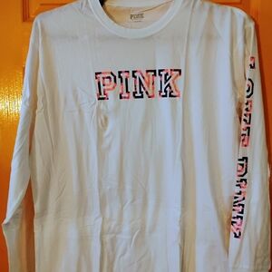 Victoria's Secret PINK White Long-Sleeve Tee with Pink Camo Logo